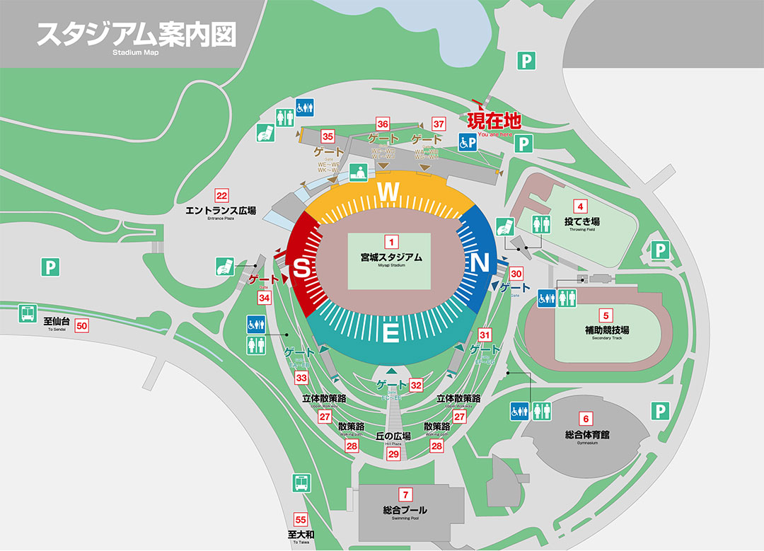 卫生间 停车场 公共汽车站 售票处 接待 当前位置 宫城体育场 投掷场